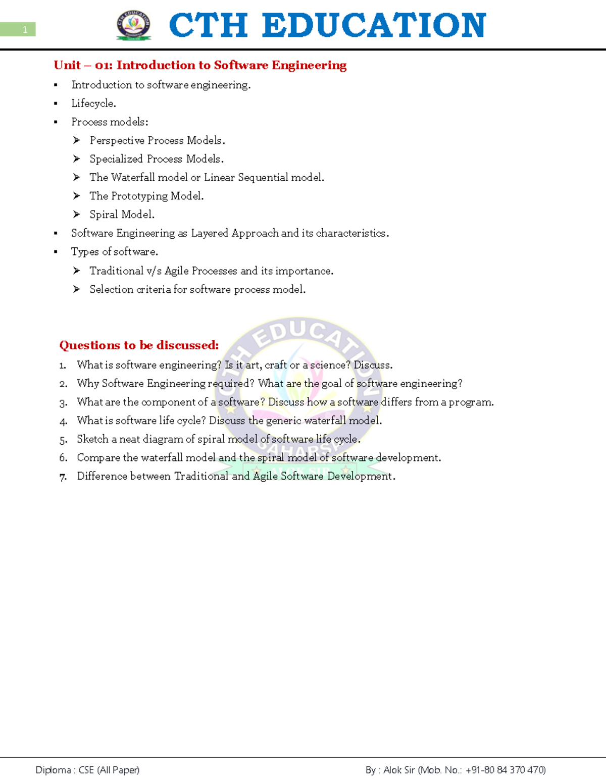 CTH EDUCATION 1: Intro to Software Engineering & Process Models - Studocu
