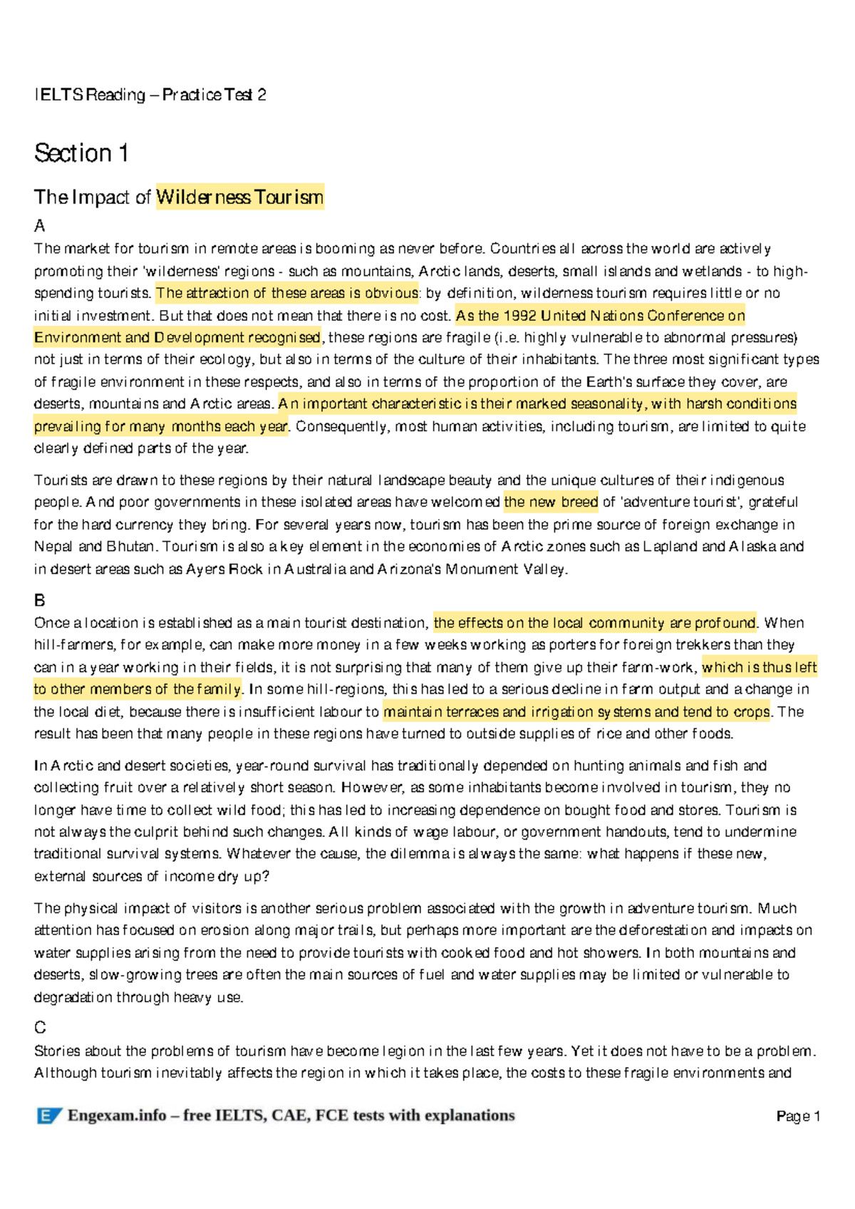 IELTS Reading Practice Test 2: The Impact of Wilderness Tourism - Studocu