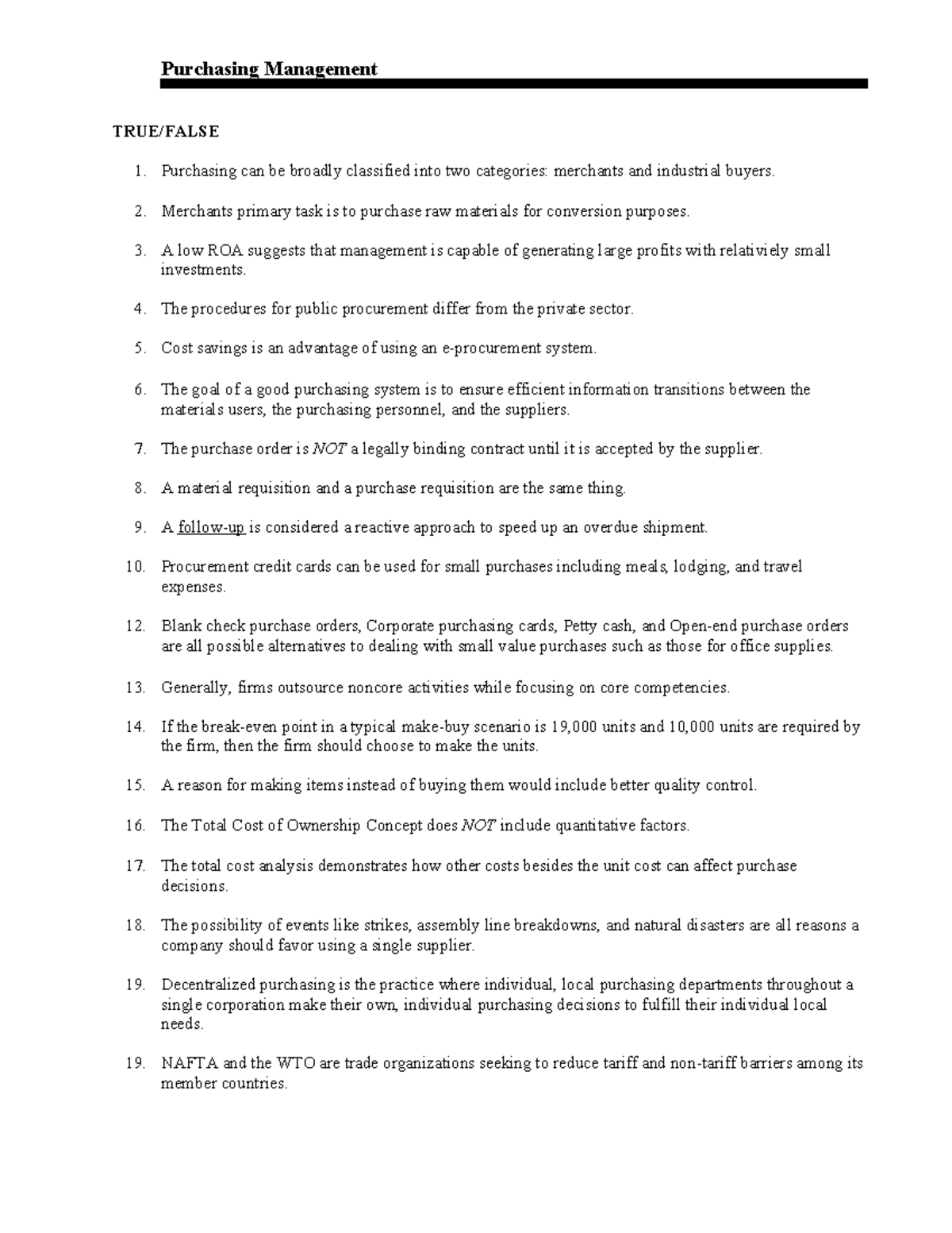 5e Chapter 2 Test Questions - Purchasing Management TRUE/FALSE ...
