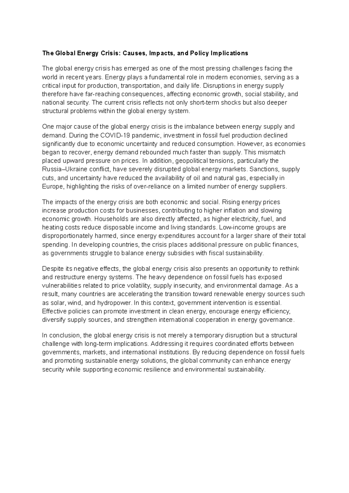 Global Energy Crisis: Causes, Impacts & Policy Solutions - Studocu