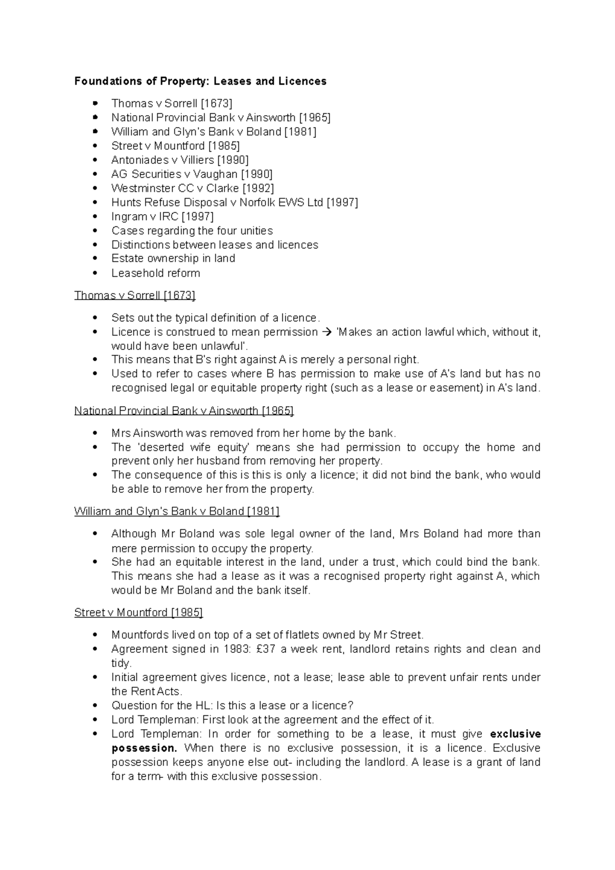 Foundations of Property: Leases & Licences Revision Notes - Studocu