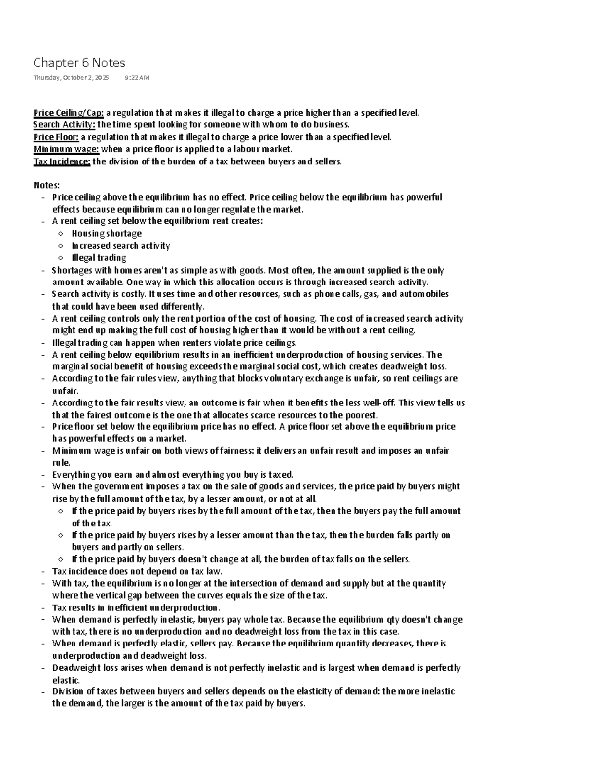 Econ C6: Chapter 6 Notes on Price Controls and Tax Incidence - Studocu