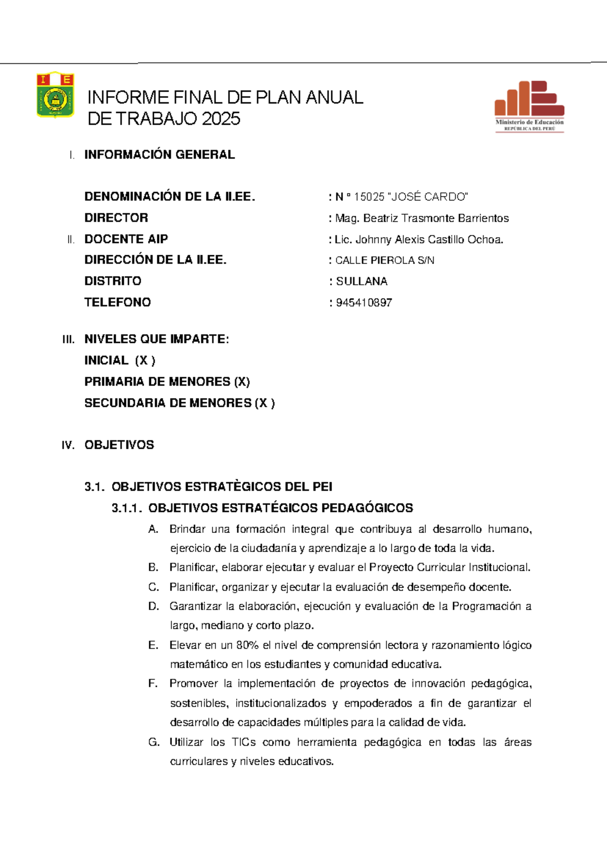 Informe Final del Plan Anual de Trabajo 2025 - I.E. N° 15025 - Studocu