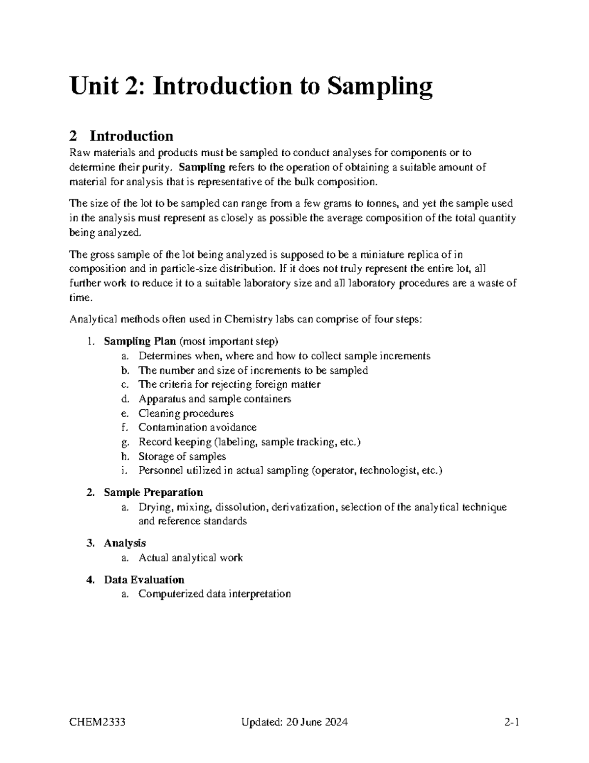 CHEM2333 Unit 2: Comprehensive Guide to Sampling Techniques - Studocu