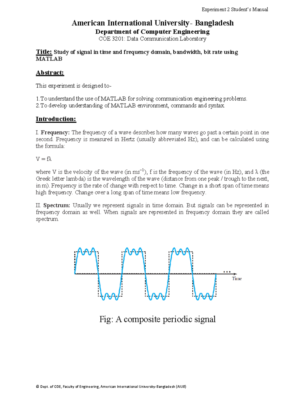 COE 3201: Data Communication Lab Experiment 2 Manual on Signal Analysis ...