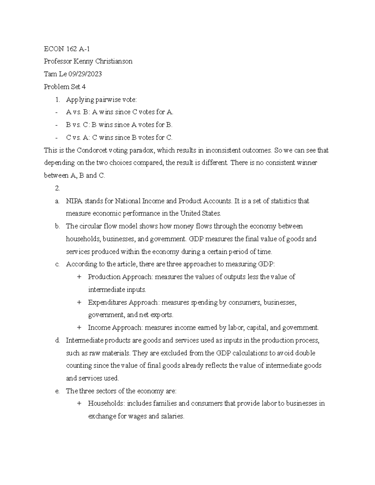Problem Set 4 Insights for ECON 162 A-1 with Condorcet Voting Paradox ...