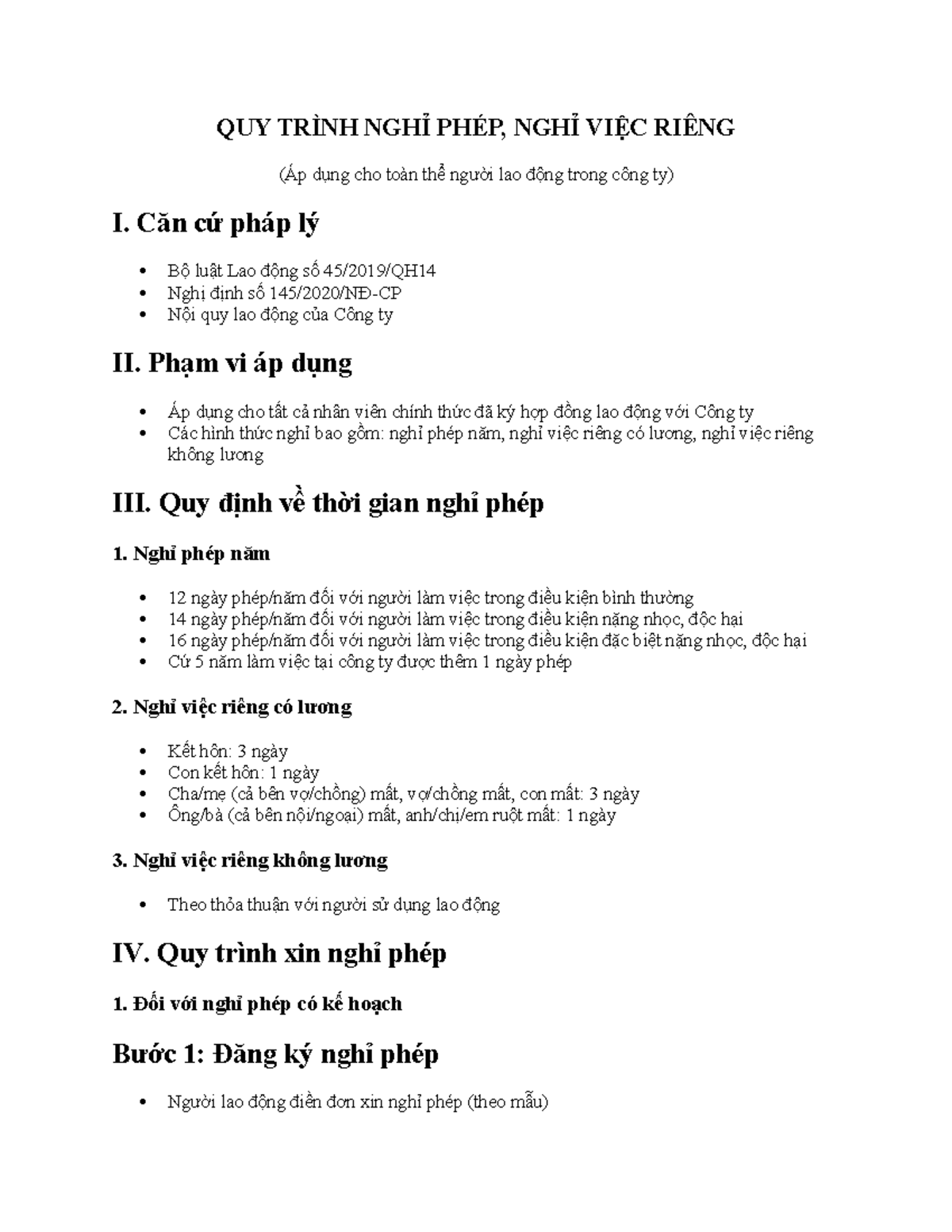 Quy trình Nghỉ Phép và Nghỉ Việc Riêng 1 Công Ty - Studocu