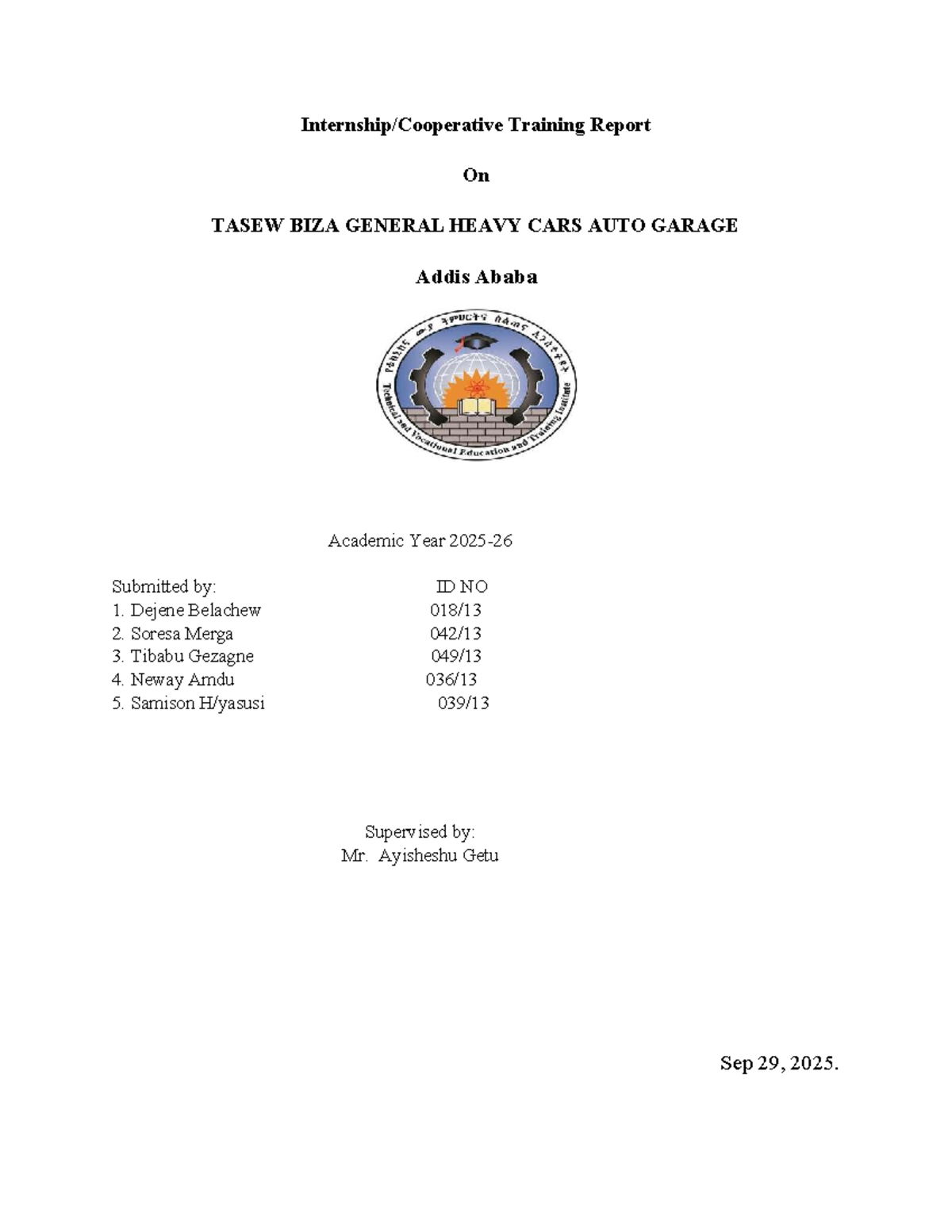 Internship Report on TASEW BIZA Garage (TVET 2025) - Studocu