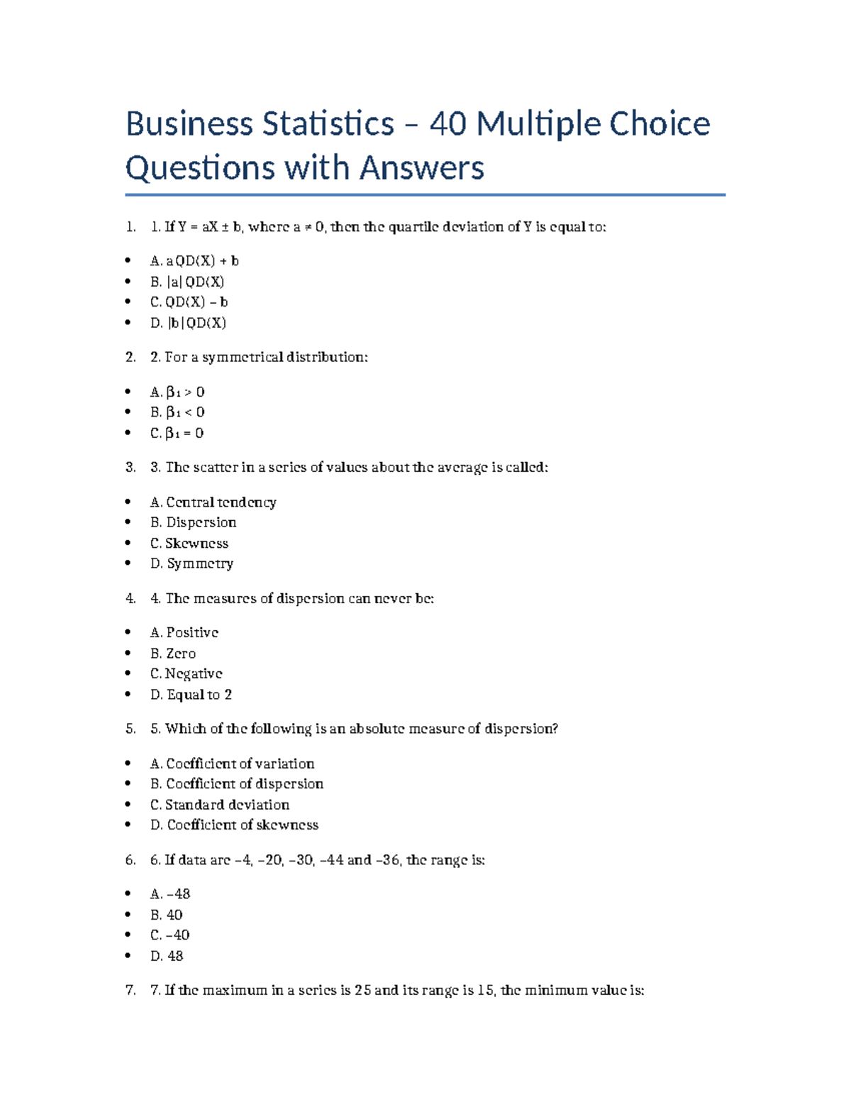 Business Statistics: 40 MCQs with Answers for Exam Prep - Studocu