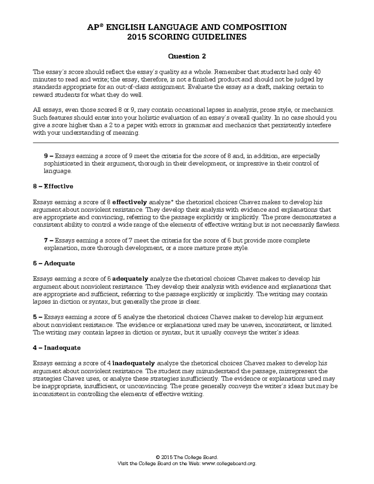 ENGLISH LANGUAGE AND COMPOSITION 2015 SCORING GUIDELINES Q2 Analysis ...