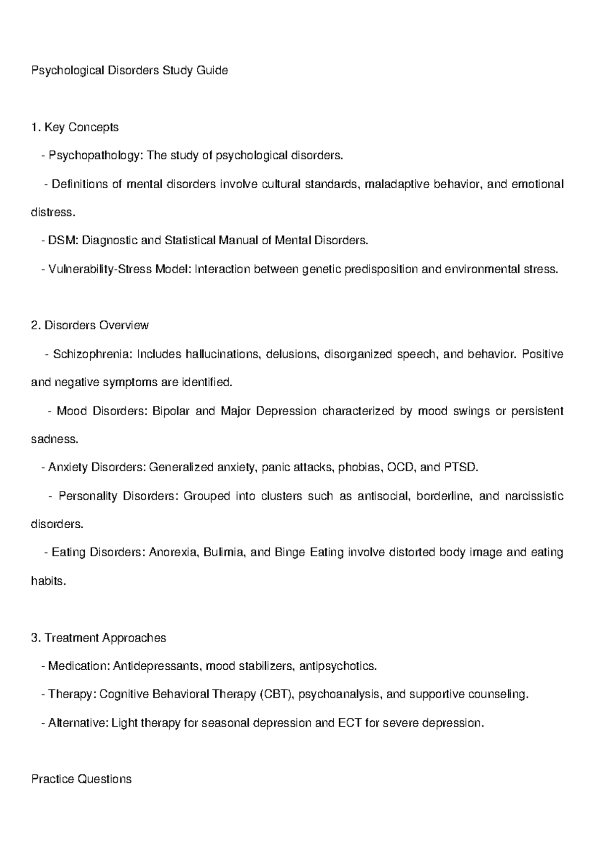 PSY 101: Psychological Disorders Study Guide and Practice Questions ...