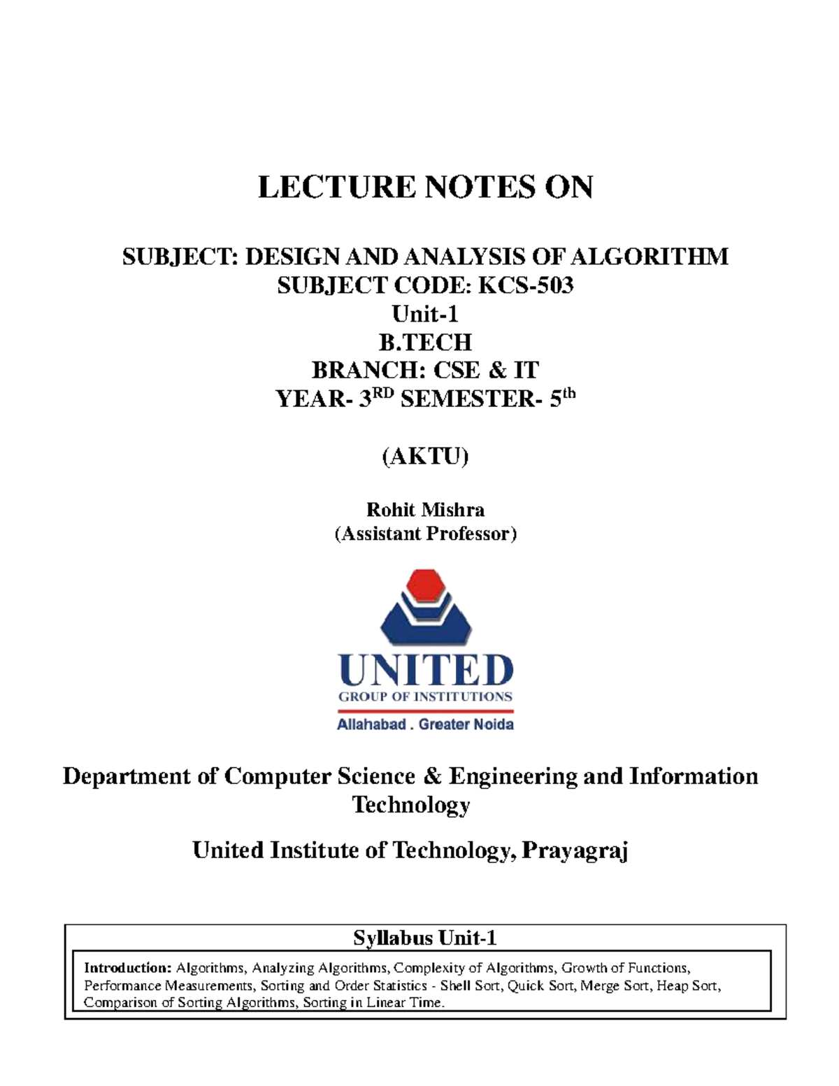 DAA LECTURE NOTES: DESIGN & ANALYSIS OF ALGORITHMS (B.TECH CSE 3rd Sem ...