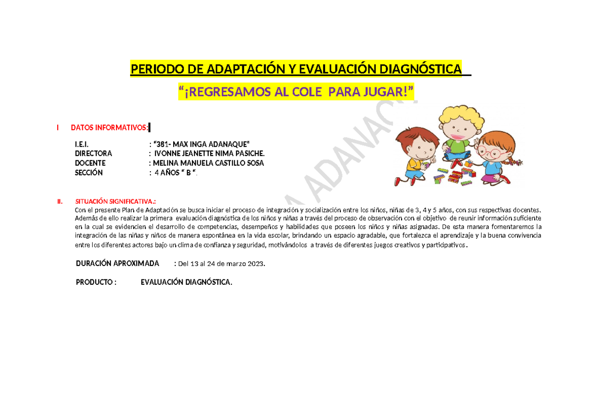 Actividades Evaluación Diagnostica. - 4 AÑOS - PERIODO DE ADAPTACIÓN Y ...