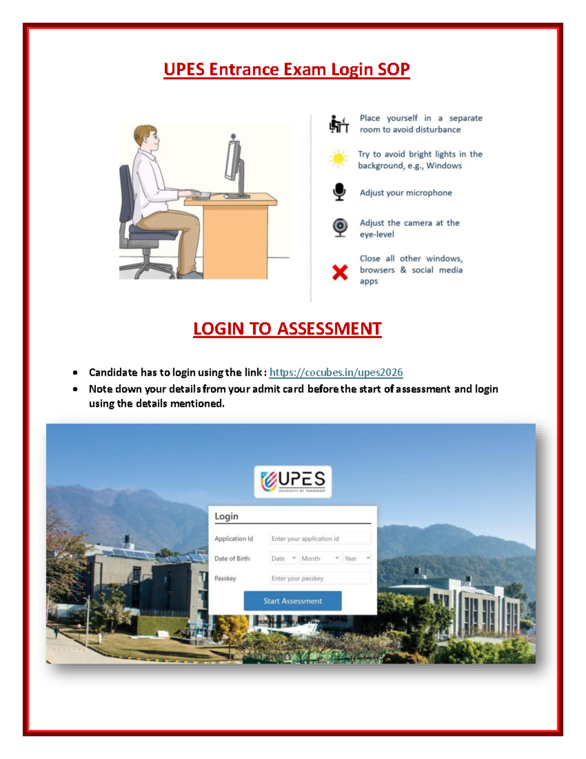 UPES Entrance Exam Login SOP: Assessment Instructions - Studocu