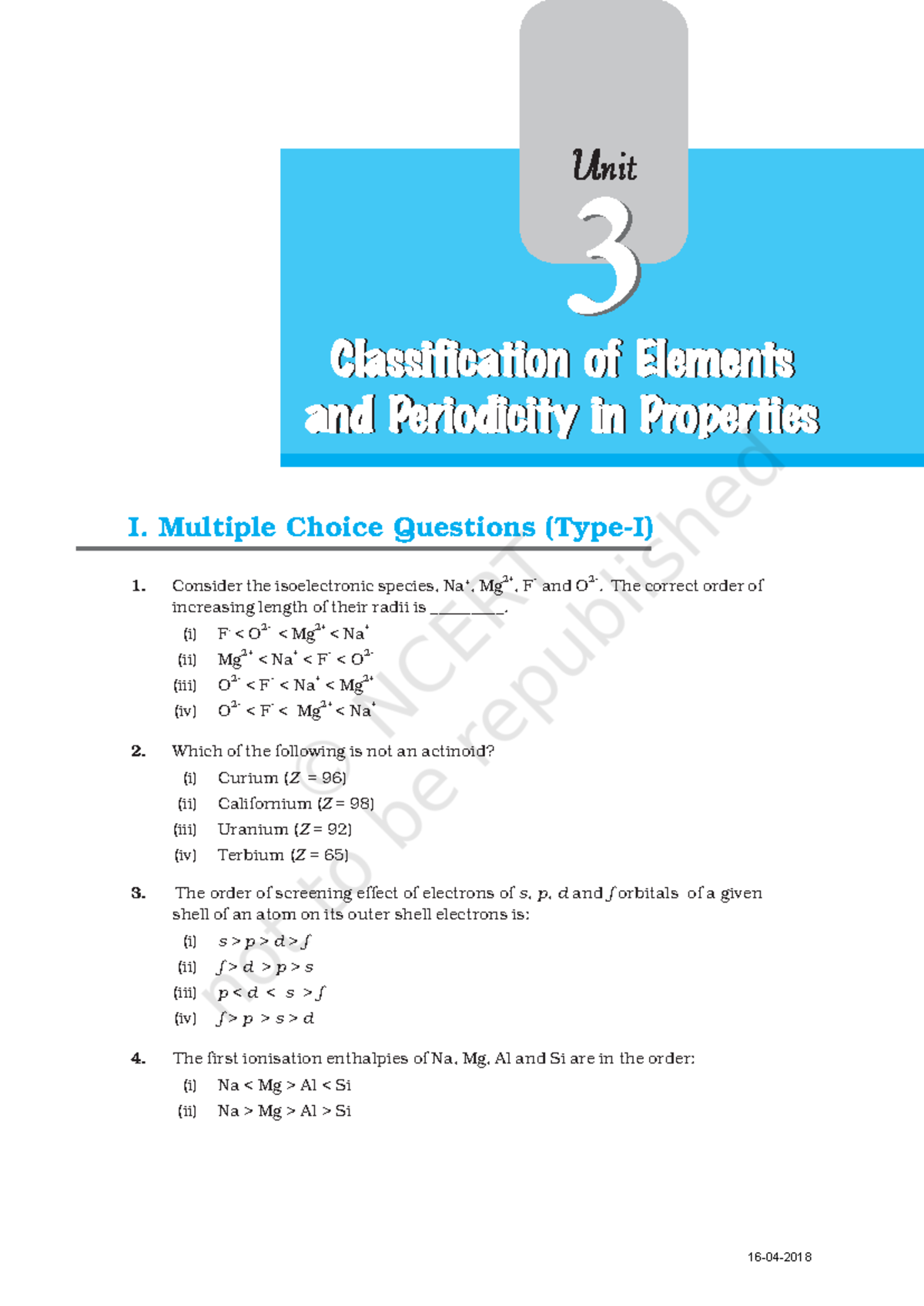 Exemplar Problems, Chemistry 28 - Classification of Elements and ...