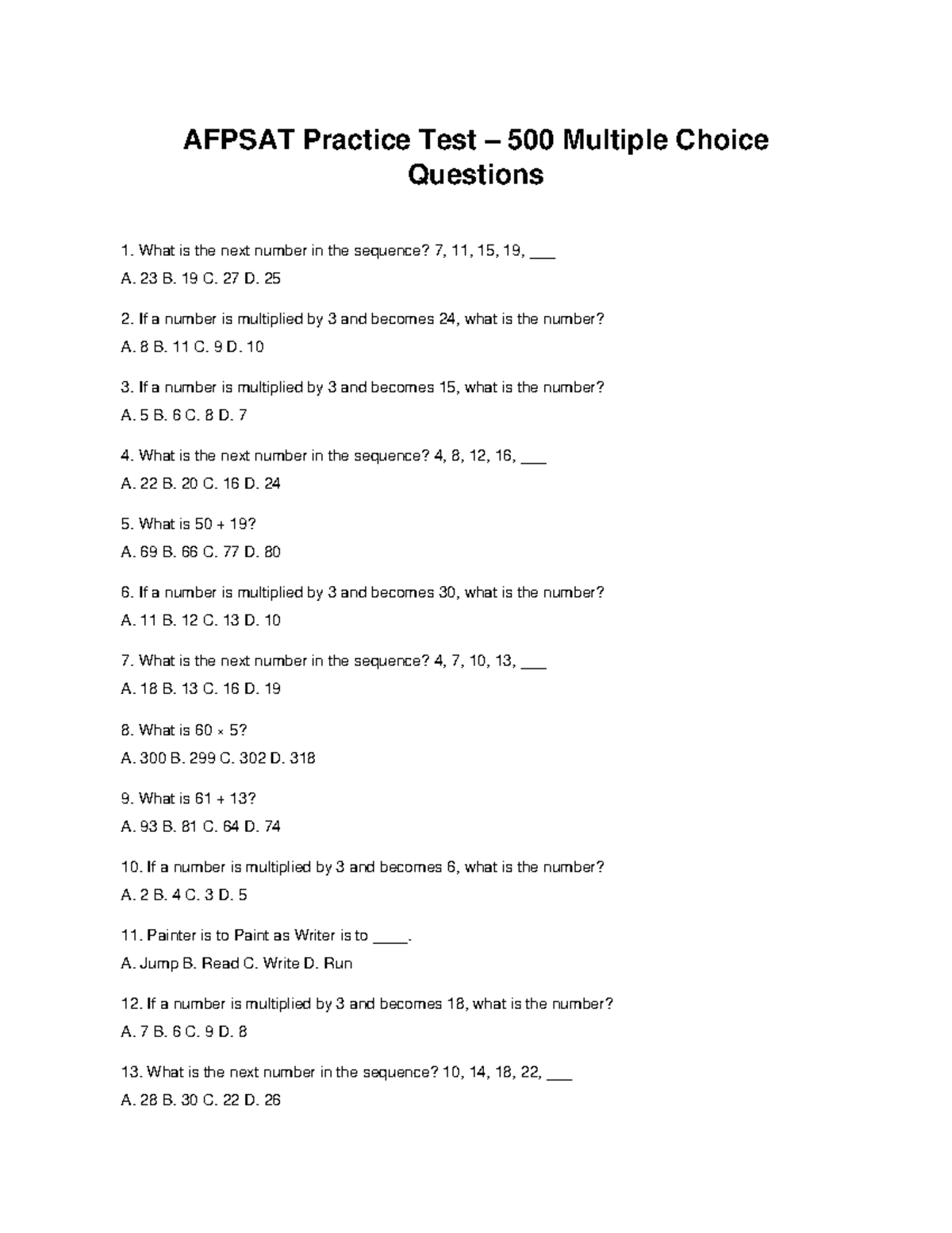 AFPSAT 500 Practice Test: Multiple Choice Questions Review - Studocu