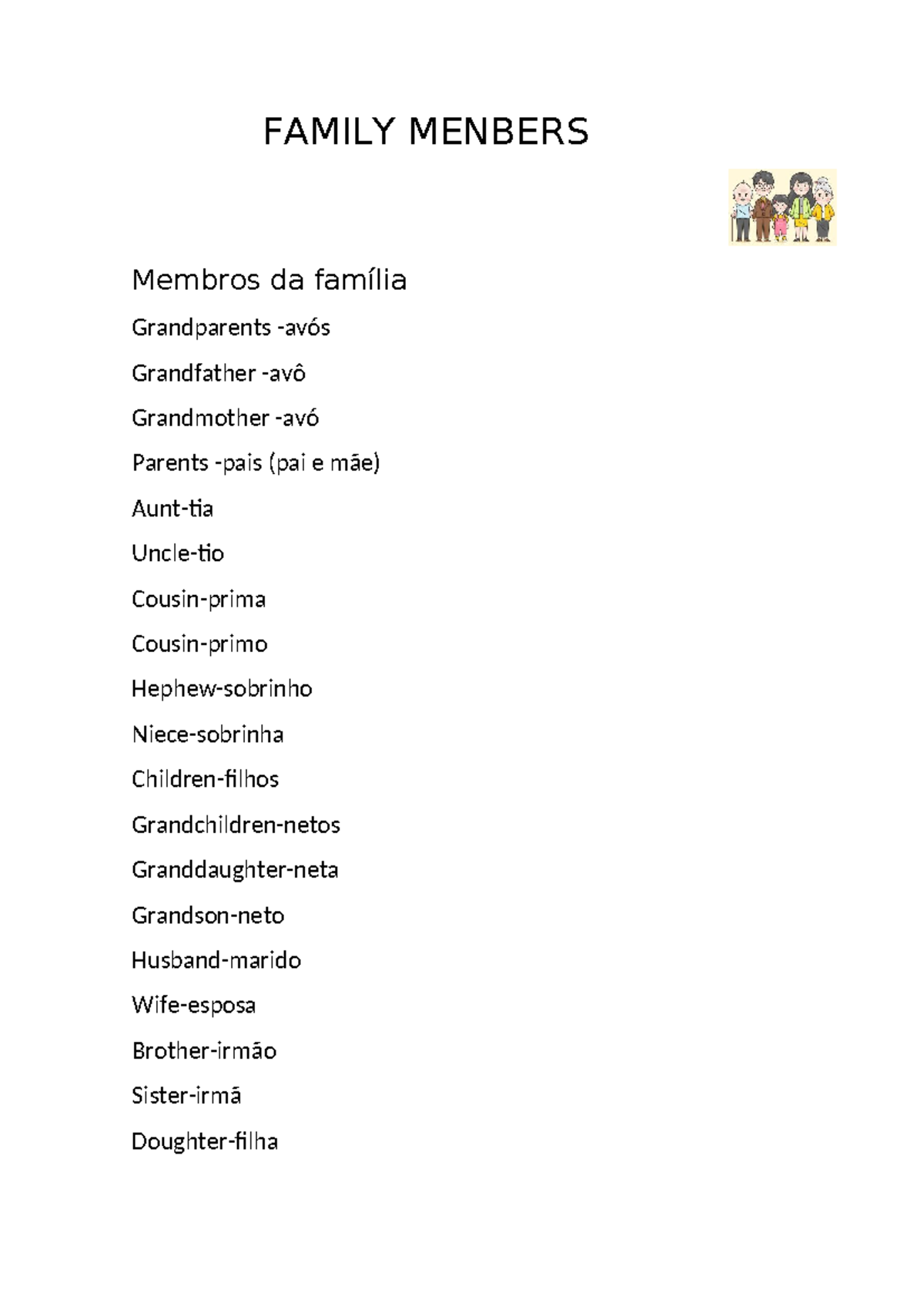 Family Menbers - este resumo ajuda a melhorar as notas - Inglês ...