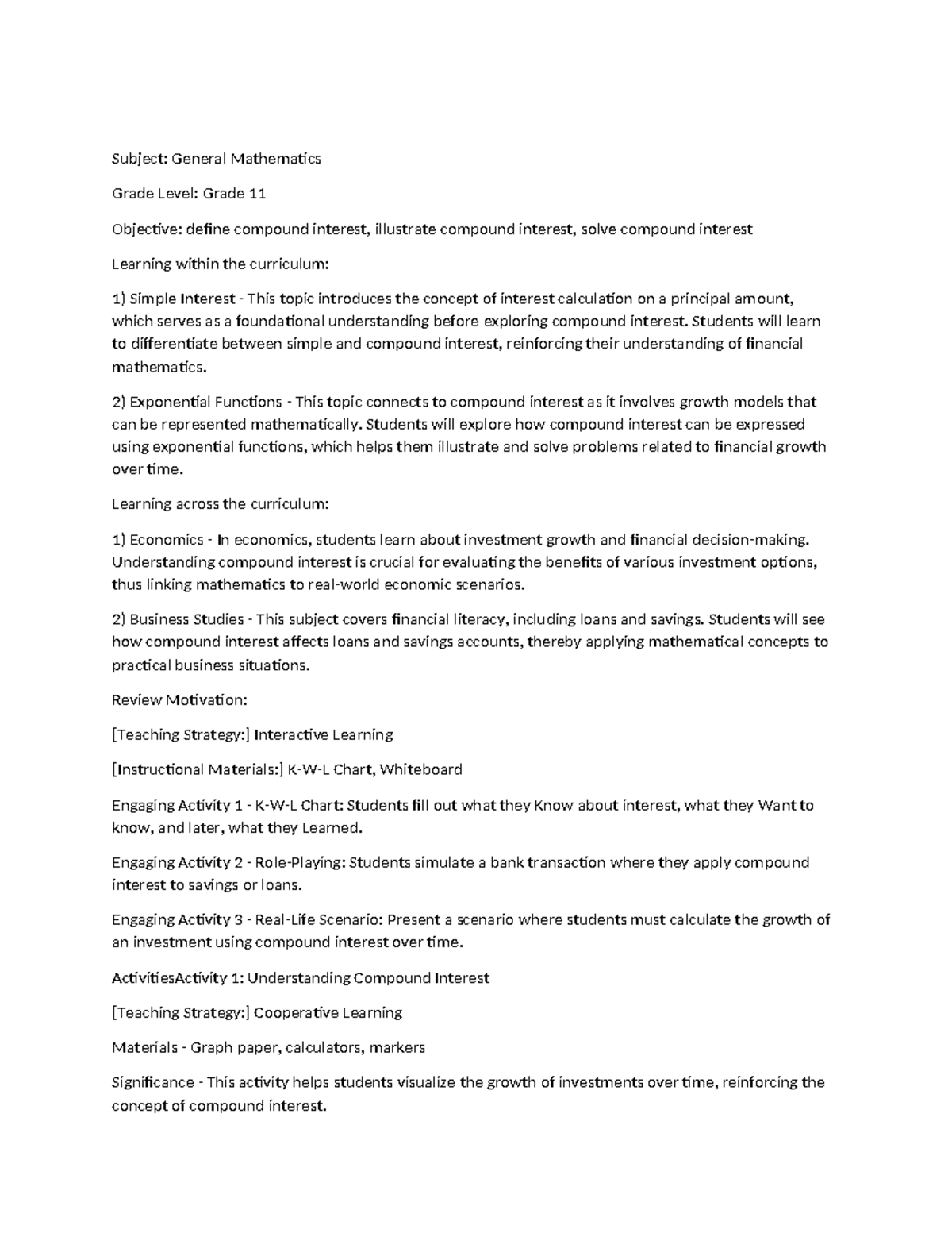 Compound Interest Activities for Grade 11 - General Math Class - Studocu