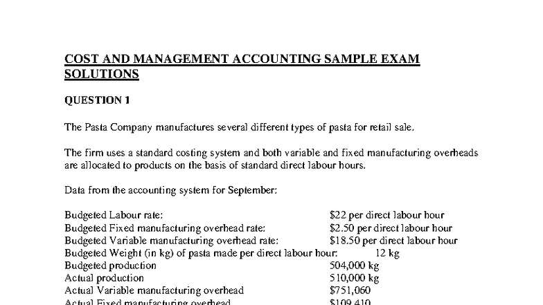Cost and Management Accounting - Sample Exam Solutions (CMA 104229 ...