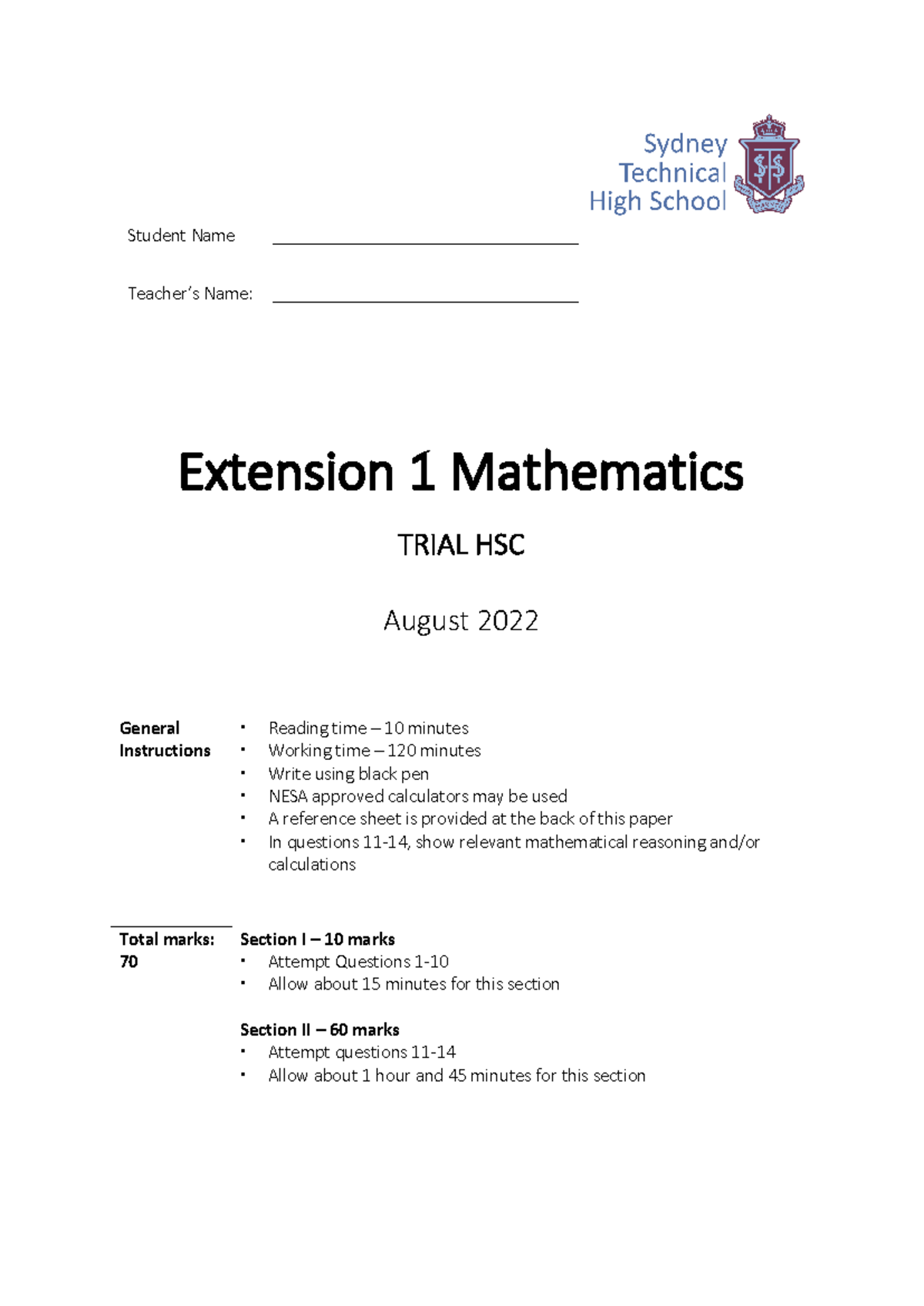 2022 HSC Mathematics Trial Exam Questions - X1 - Studocu