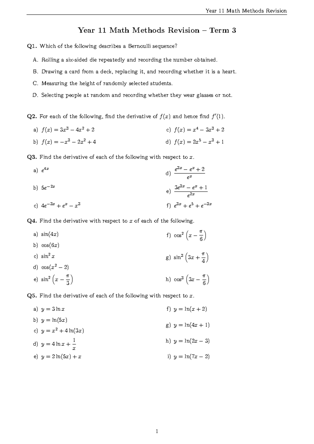 Year 11 Math Methods Revision Term 3 Exam Preparation Guide - Studocu