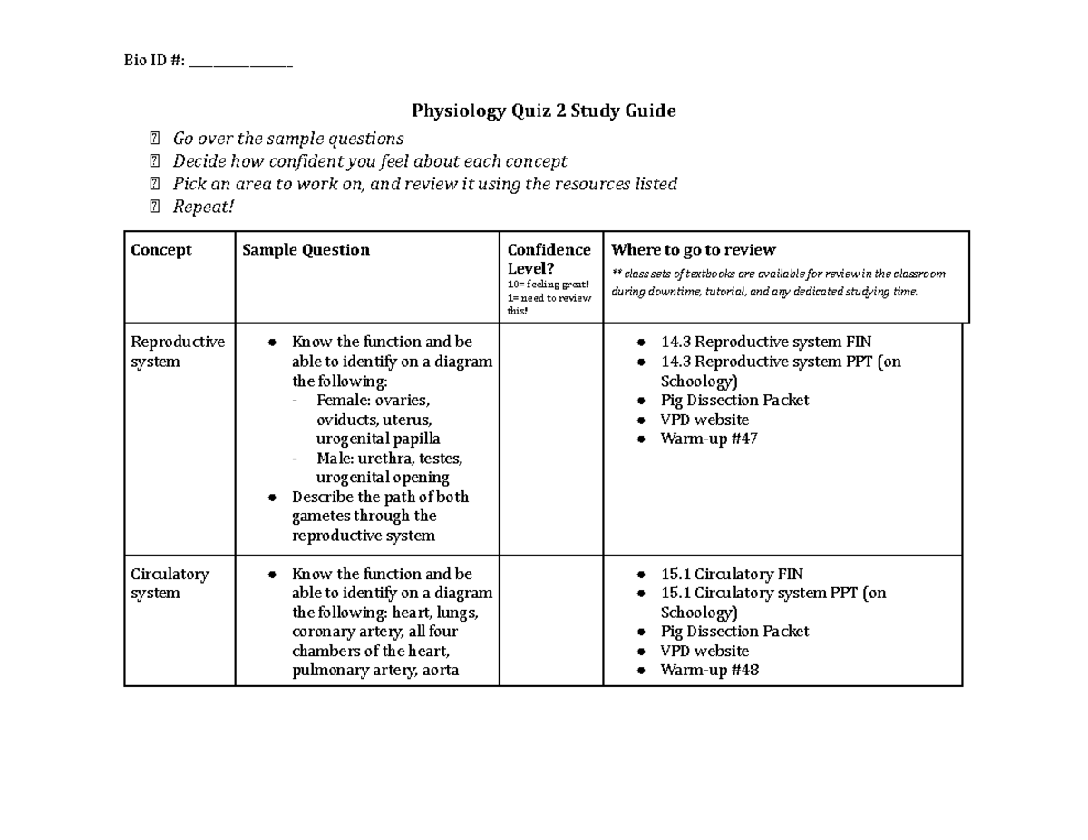 Physiology Quiz 2 Study Guide - Key Concepts and Diagram Review - Bio ...