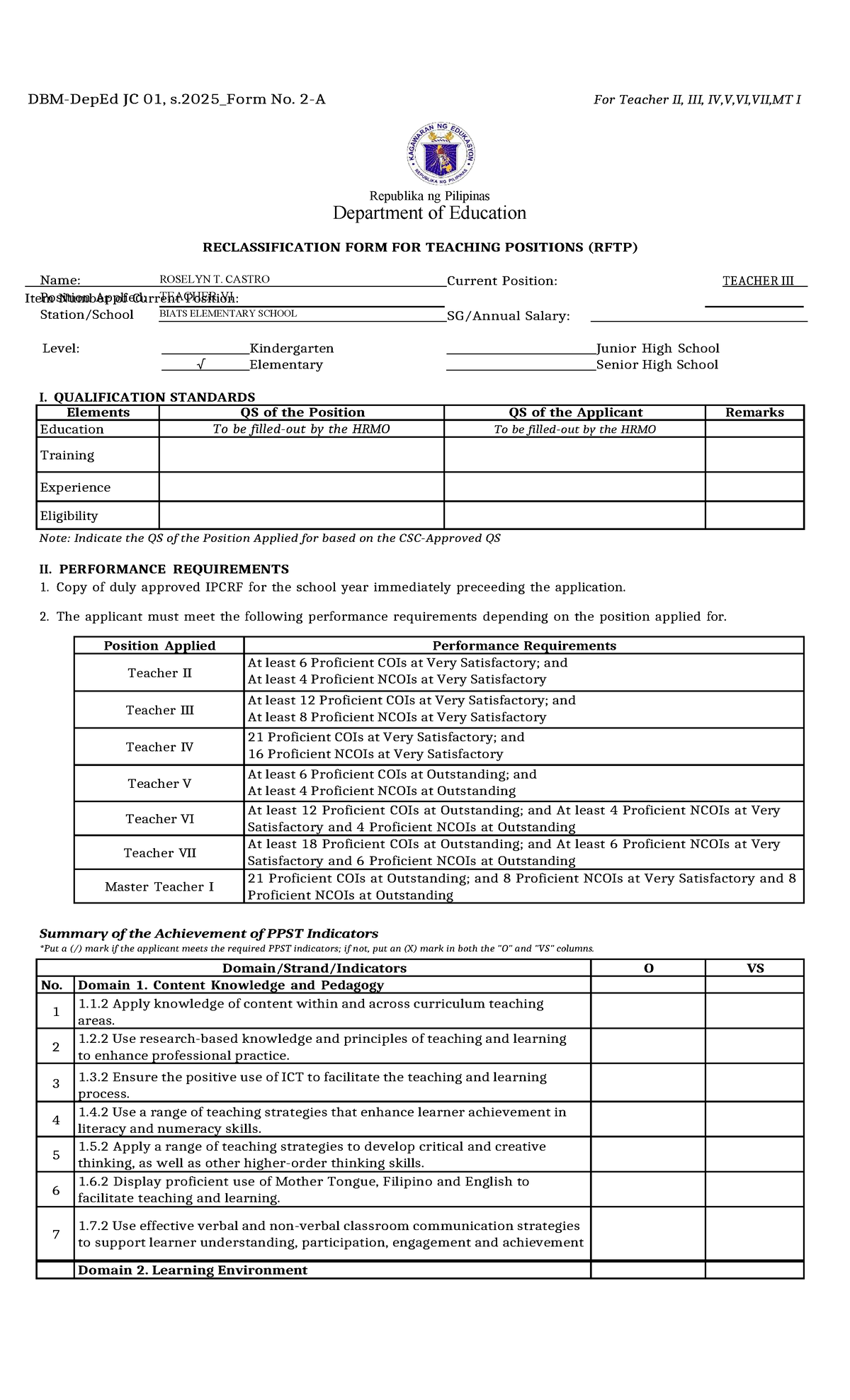 JC 01, s.2025_Reclassification Form for Teacher II-VII, MT I - Studocu