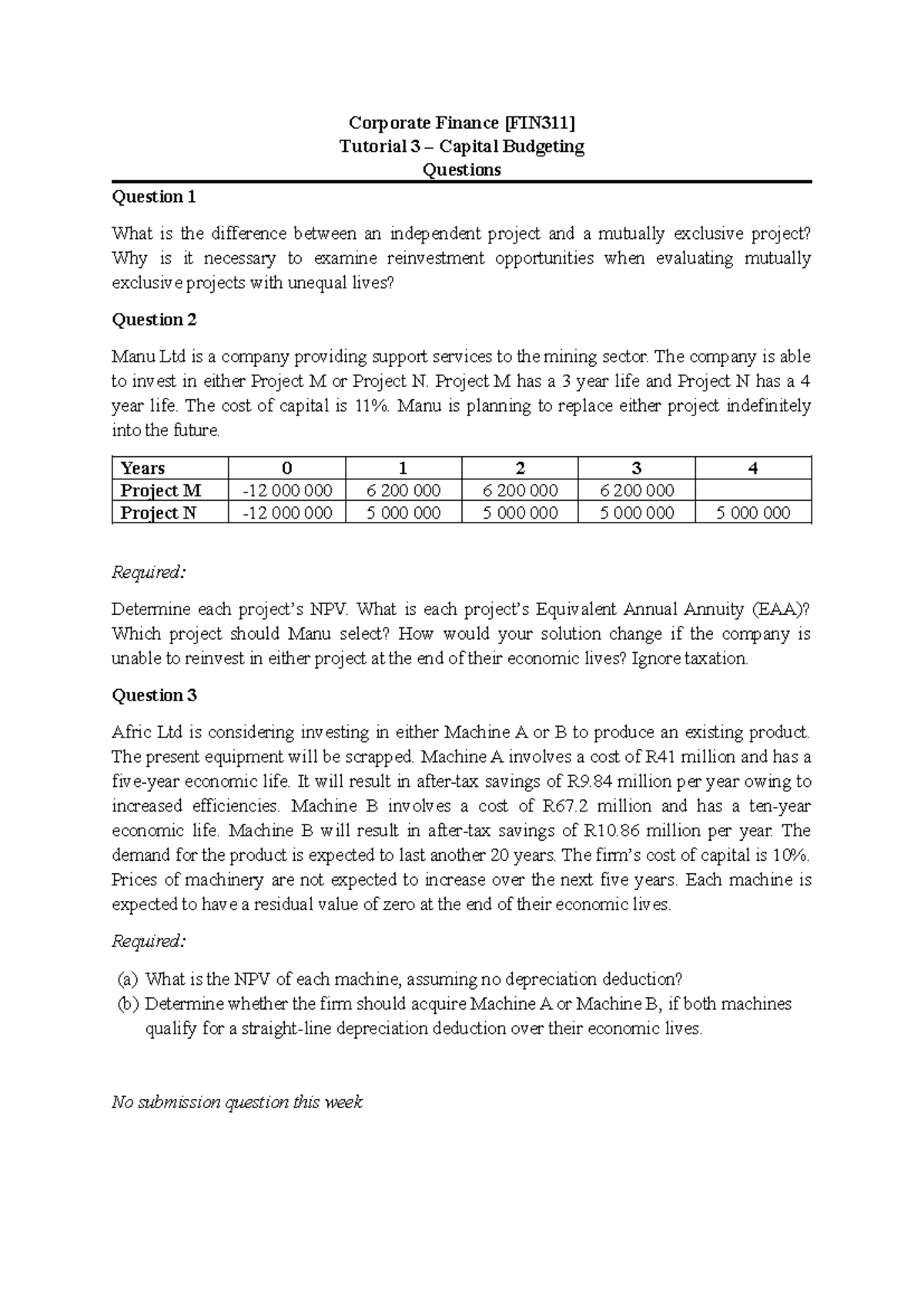 FIN311 Tutorial 3: Capital Budgeting Questions & Analysis - Studocu