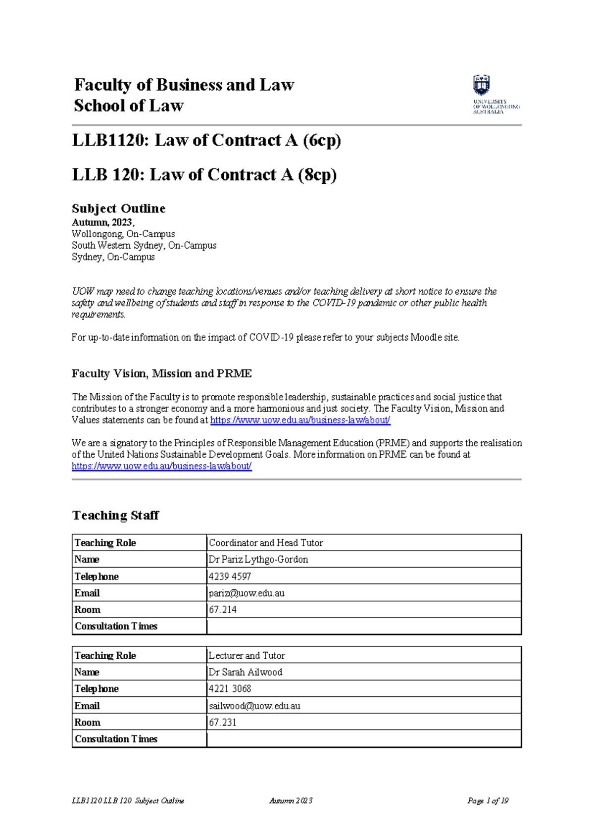 LLB1120 Subject Outline & Info for Autumn 2023 Law of Contract A - Studocu
