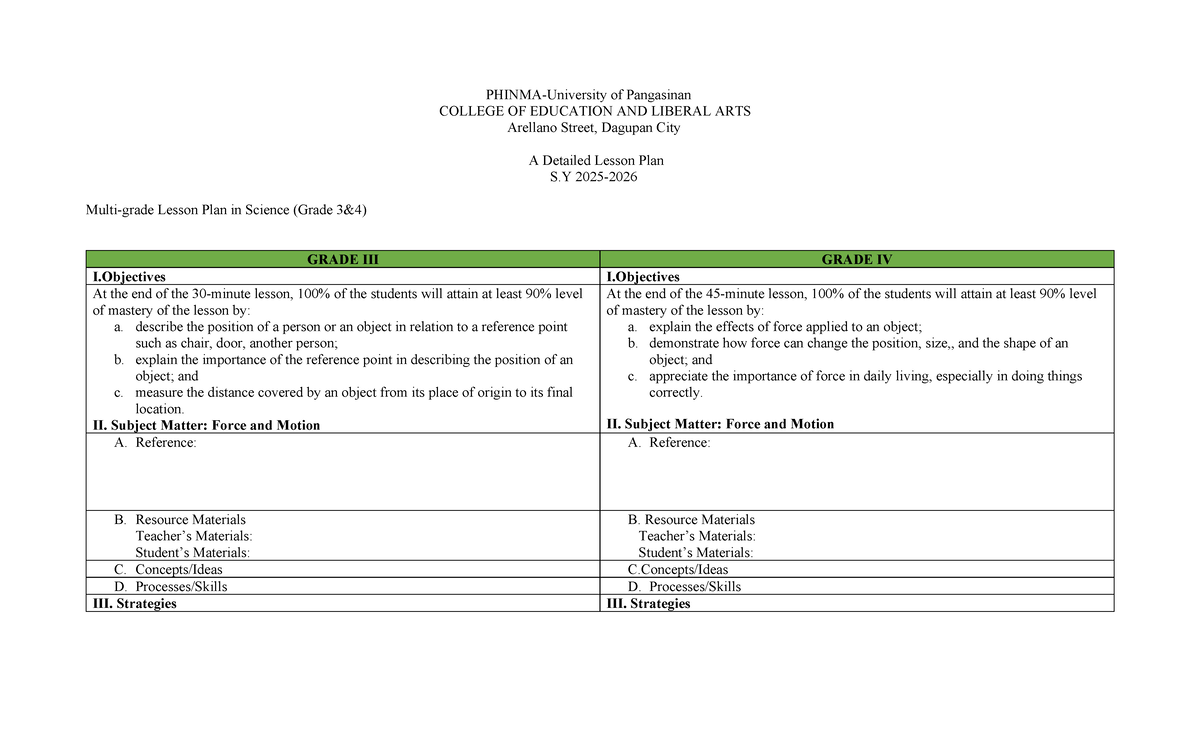 DLP EDU540: Detailed Lesson Plan on Force and Motion for Grade IV - Studocu