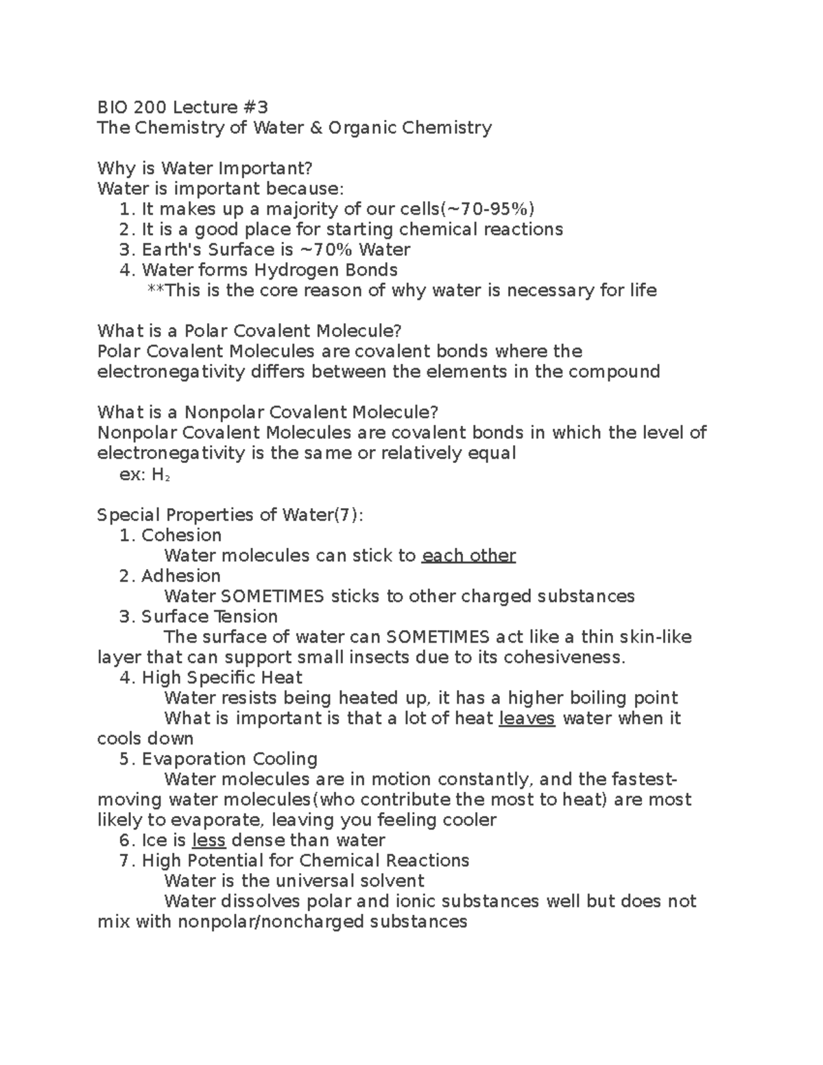 BIO 200 Lecture #3 - The Chemistry of Water & Organic Molecules Notes ...
