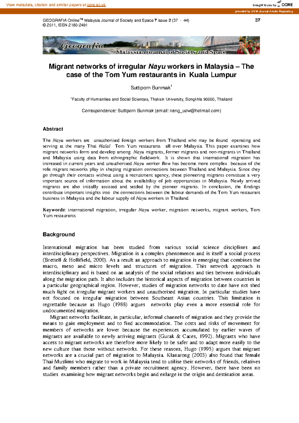 Migrant Networks of Irregular Nayu Workers in Malaysia's Tom Yum ...