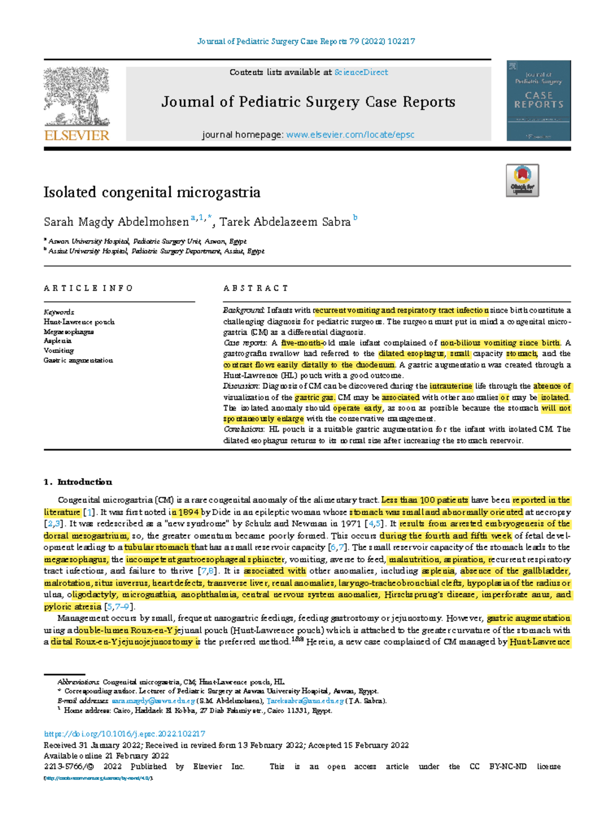 Microgastria - articulo - Journal of Pediatric Surgery Case Reports 79 ...