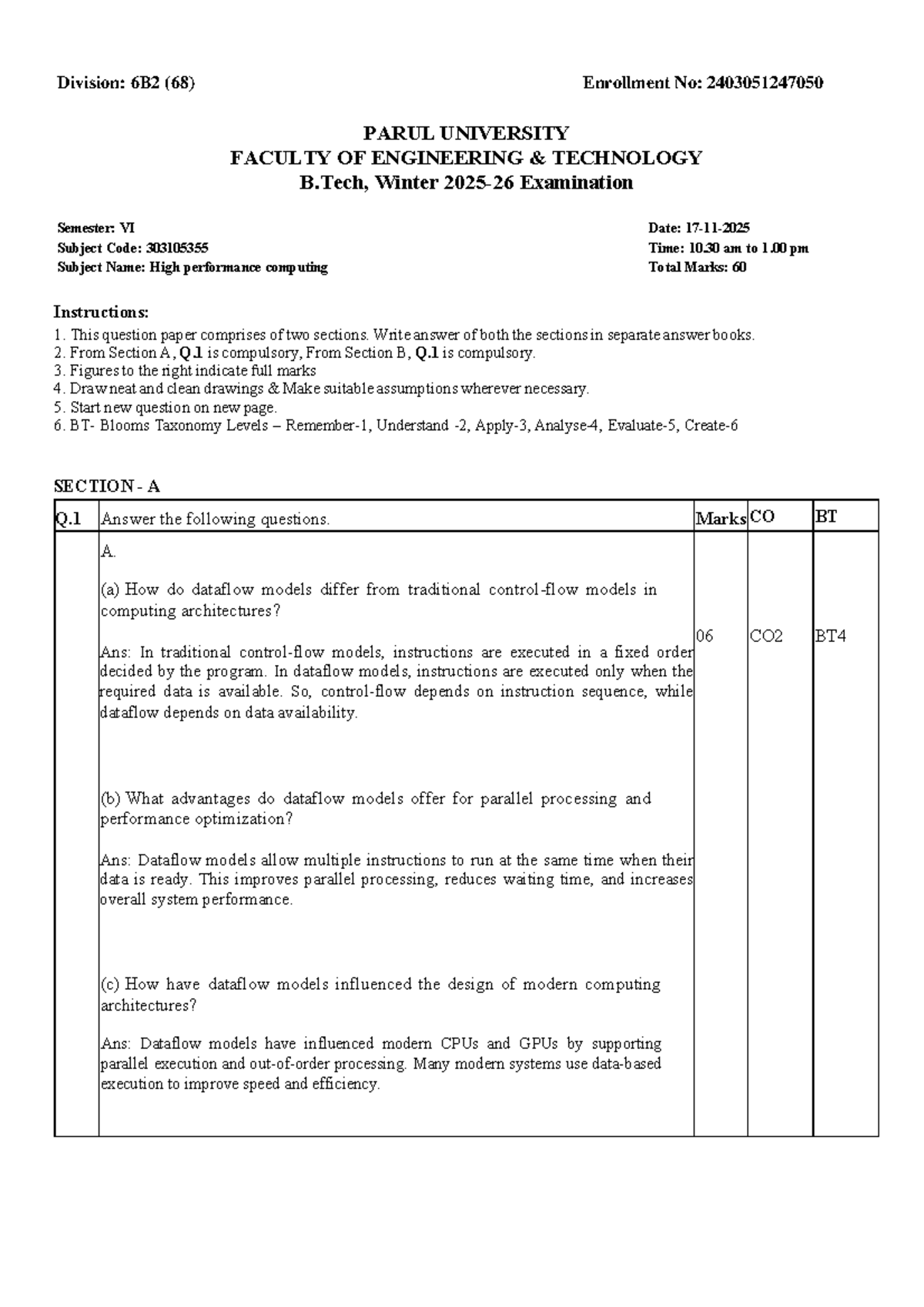High Performance Computing Exam Notes - B.Tech 303105355 - Studocu