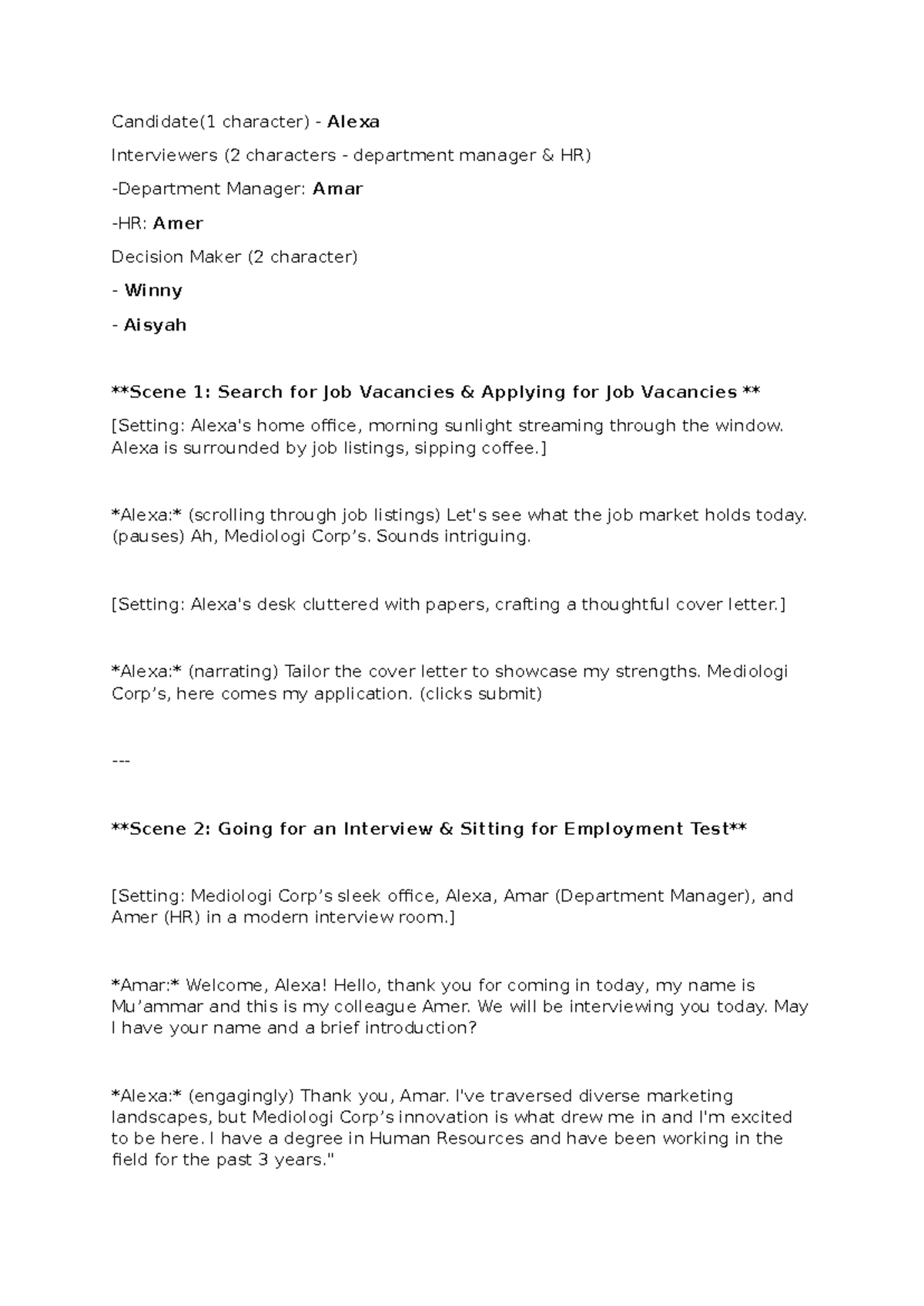 HRM554 Roleplay Script Draft - Candidate(1 character) - Alexa ...