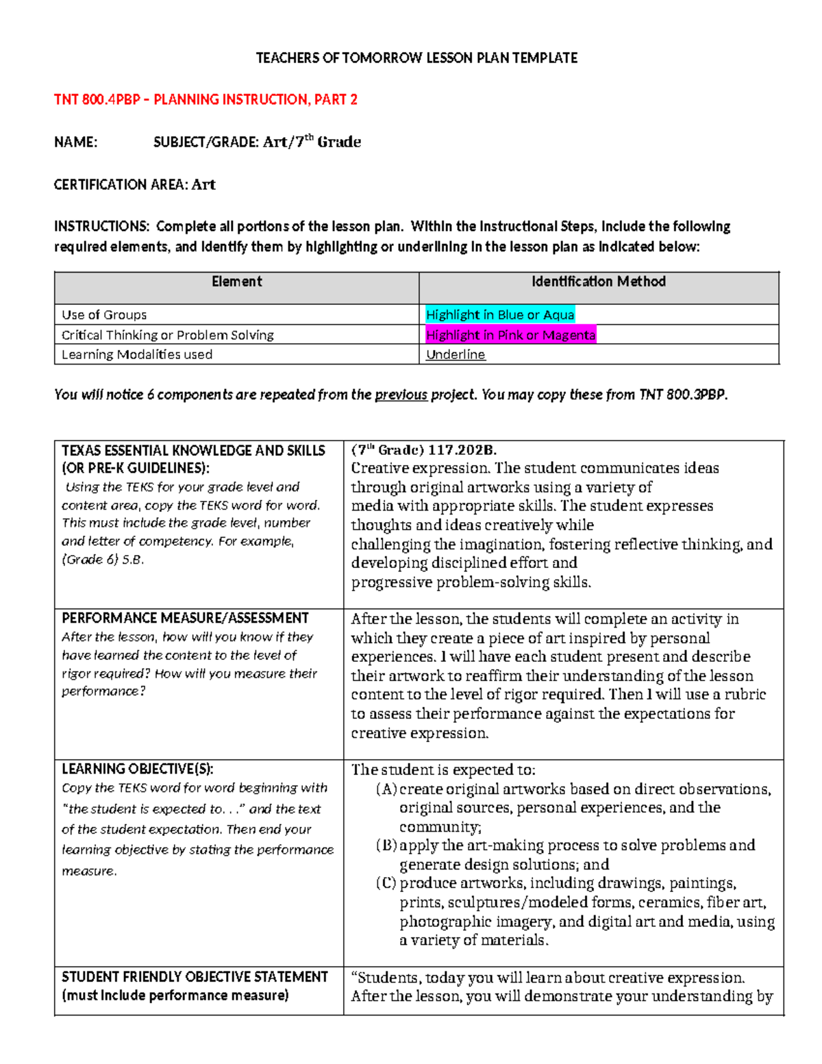 TNT 800.4PBP Art Lesson Plan Template: Creative Expression & Assessment ...
