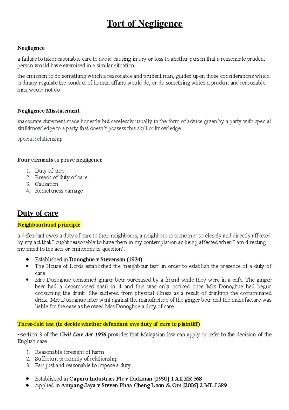 BTW1042 - Tort of Negligence Study Notes and Key Concepts - Studocu