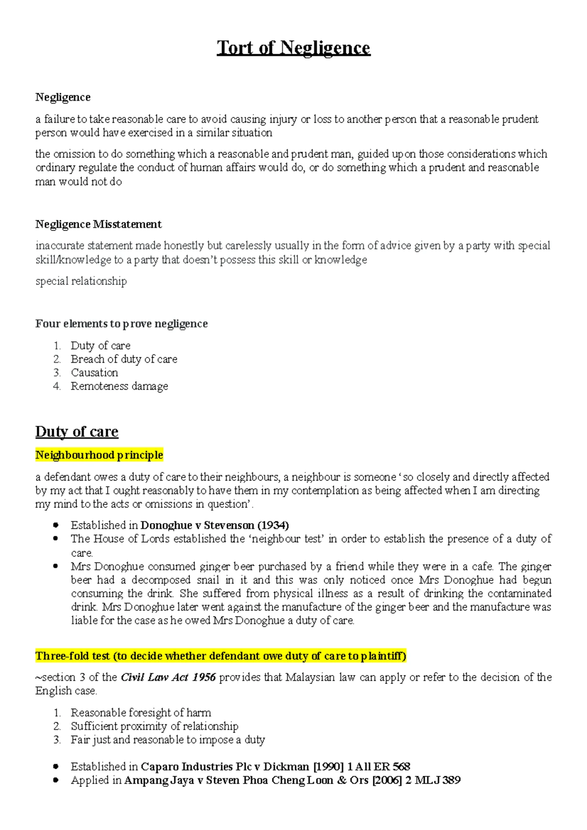 BTW 1042: Business Law Notes - Week 2 on Tort and Negligence - Studocu