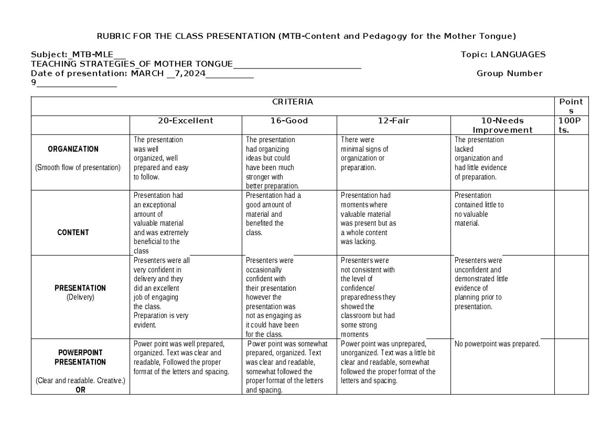 MTB Rubric Melis Group - RUBRIC FOR THE CLASS PRESENTATION (MTB-Content ...
