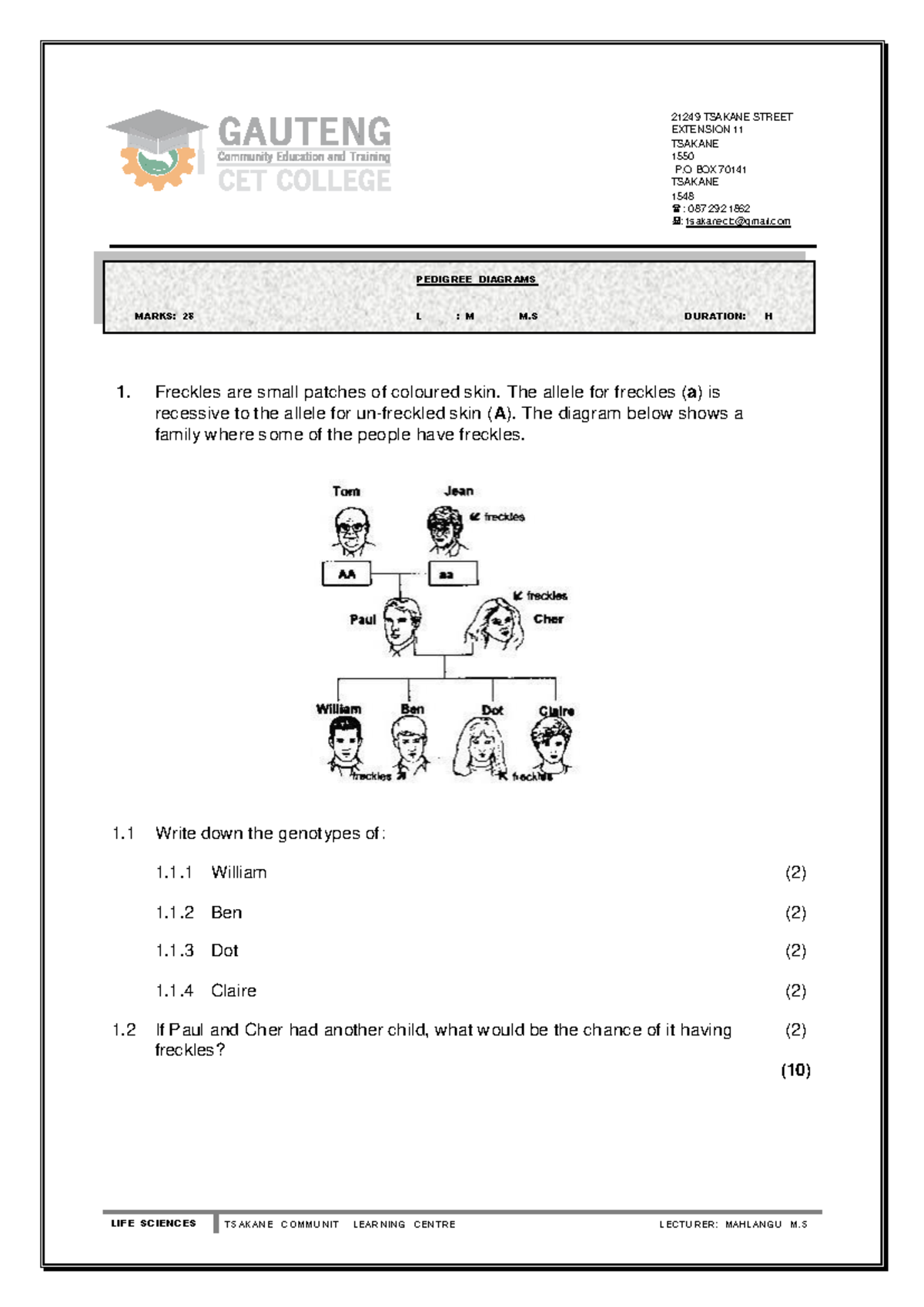 LFSC - Pedigree Diagrams Activities for Life Sciences Class - Studocu