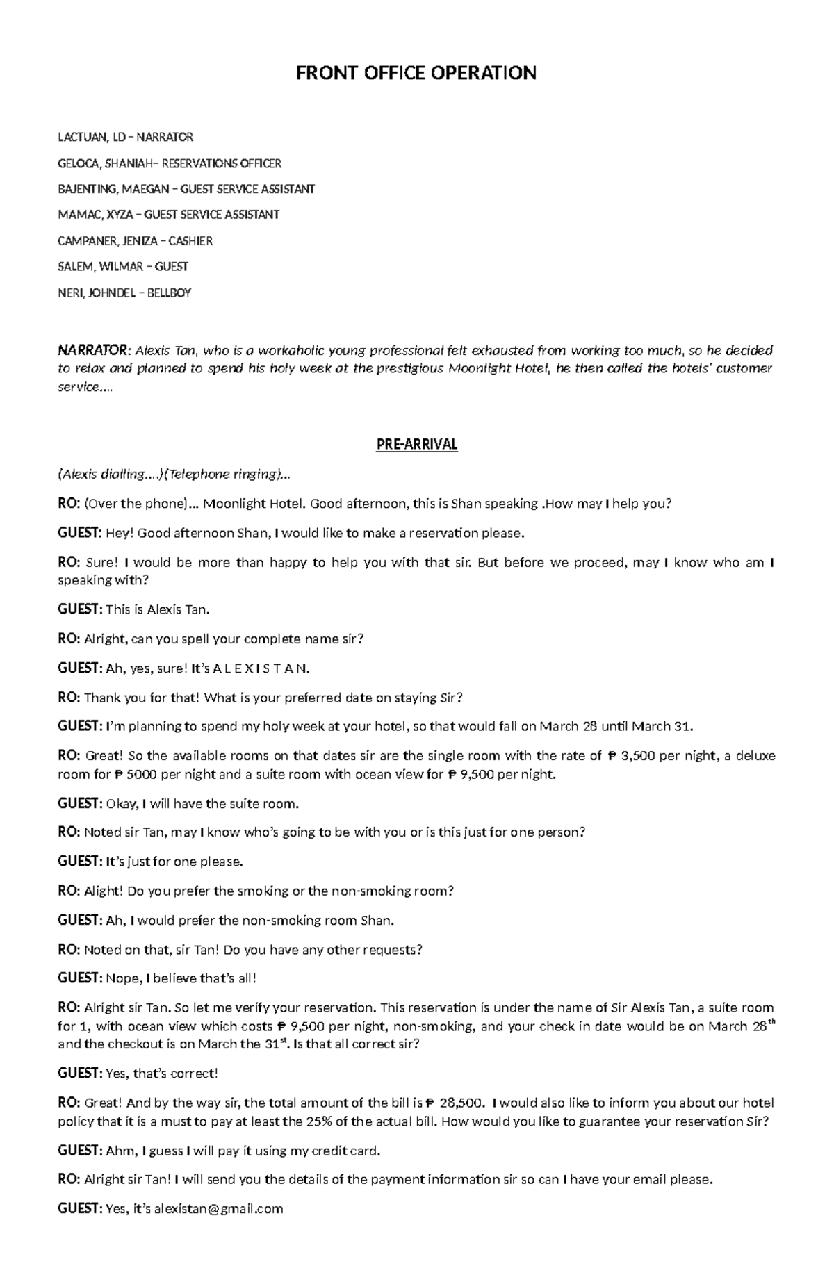 FO-Script-Revised 3 - Front Office Operations for Moonlight Hotel - Studocu