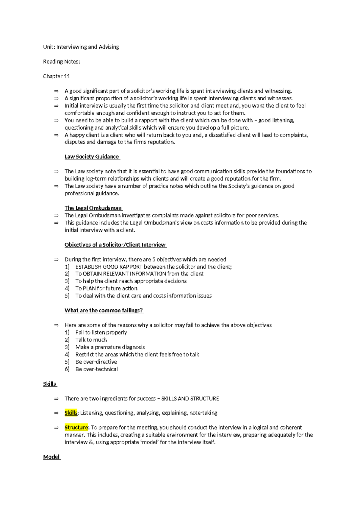 Unit - LPC notes for University of Law - Unit: Interviewing and ...