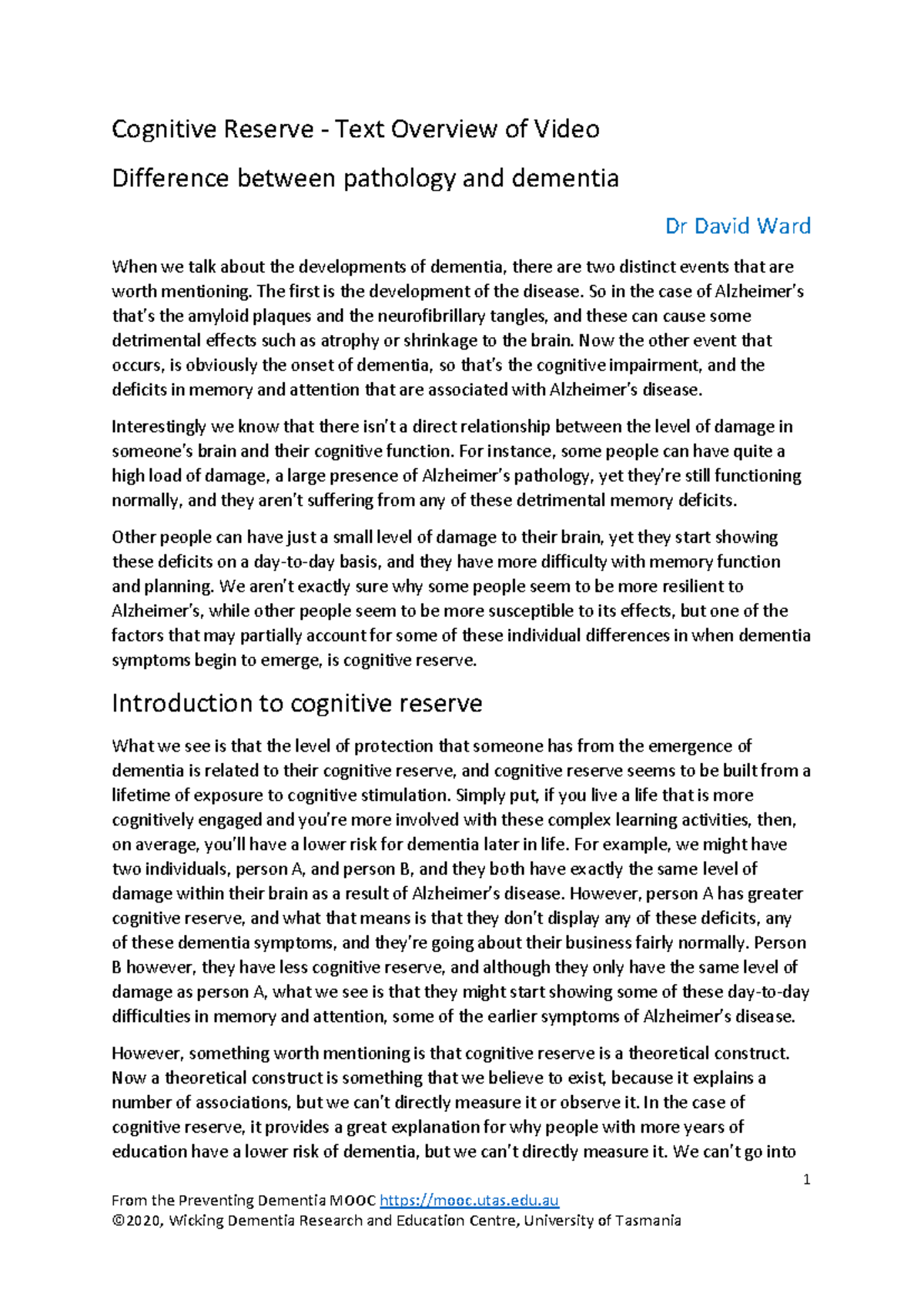 Cognitive Reserve - Lecture Notes 3 on Dementia Mechanisms - Studocu