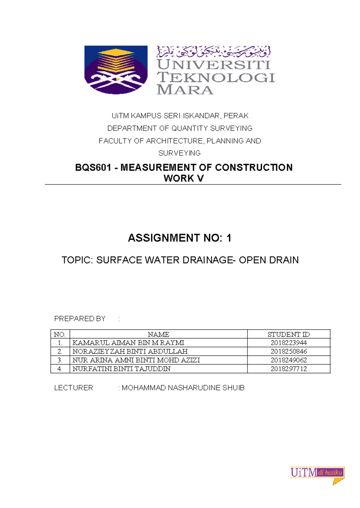 BQS601 - Measurement 1: Surface Water Drainage Assignment - Studocu