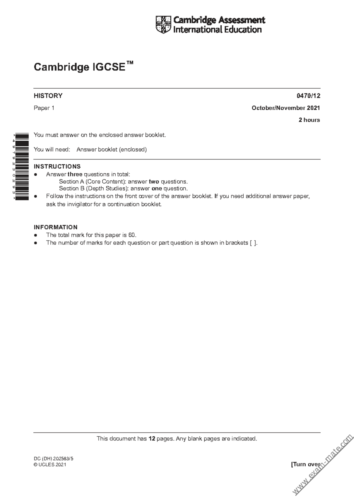 Cambridge HISTORY 0470 W21 Paper 1 Past Exam Questions and Instructions ...