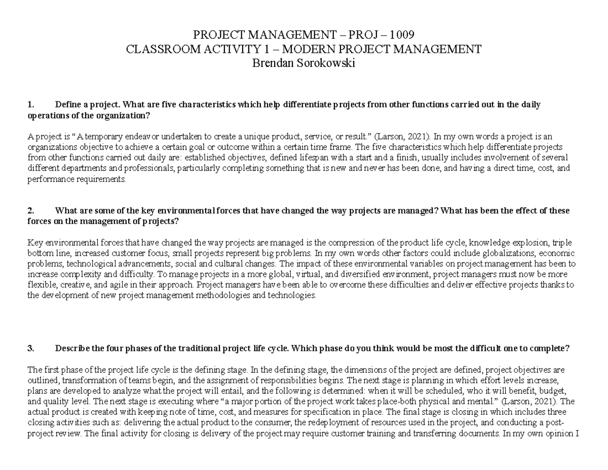 Classroom Activity 1 - PROJECT MANAGEMENT – PROJ – 1009 CLASSROOM ...