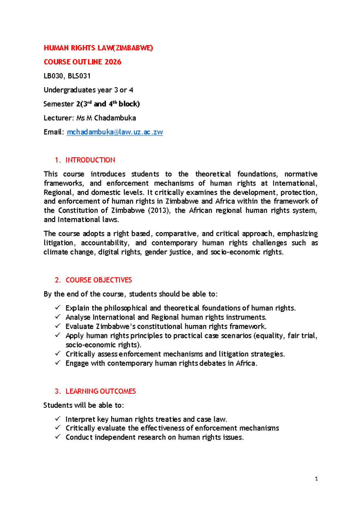 Human Rights Law Course Outline 2026 LB030, BLS031 for Undergraduates ...