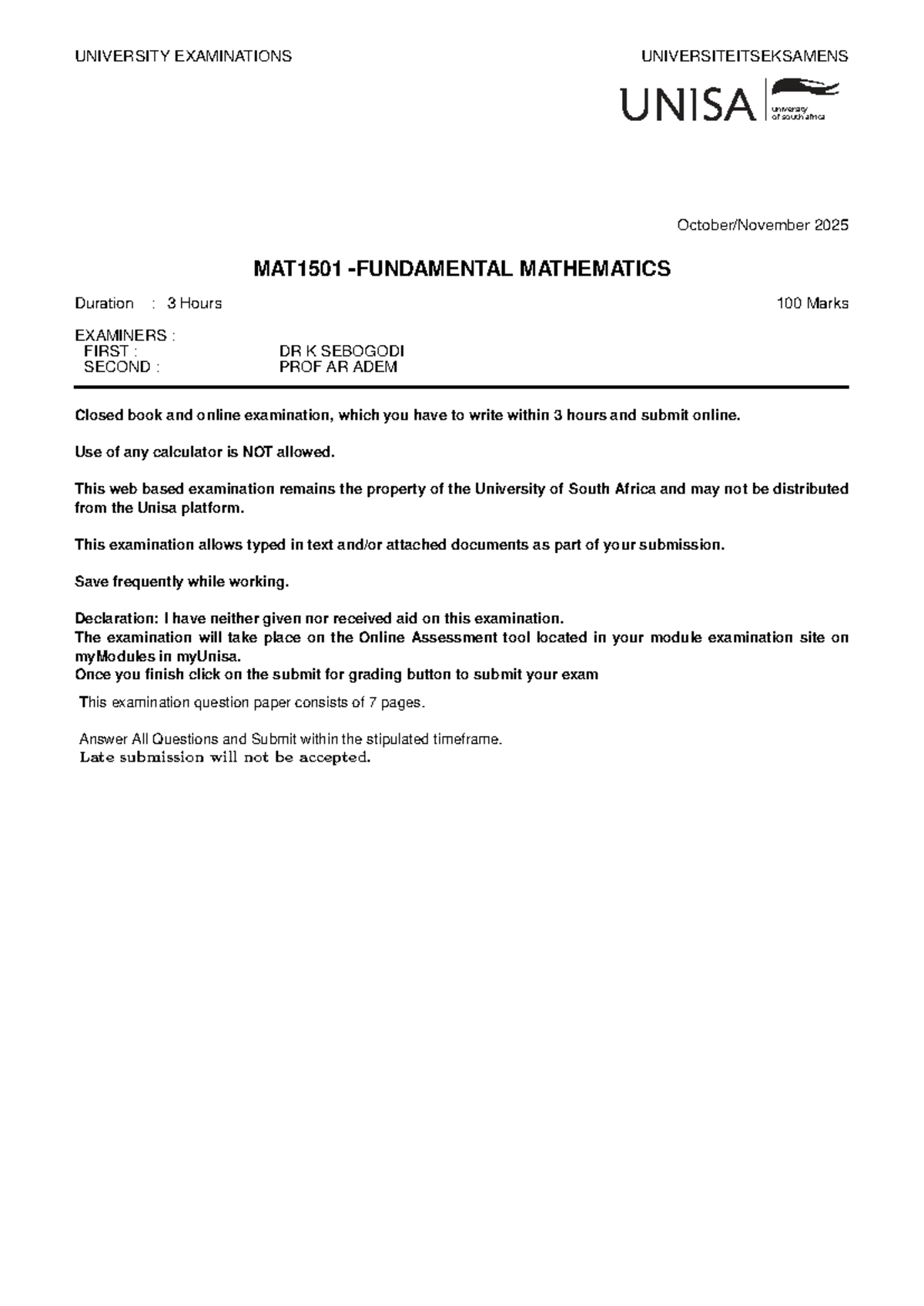 MAT1501 Mathematics Exam Paper - October-November 2025 - Studocu