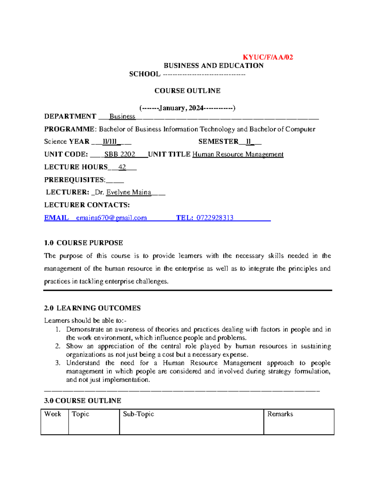 BBB 2202 Human Resource Management Course Outline - Studocu