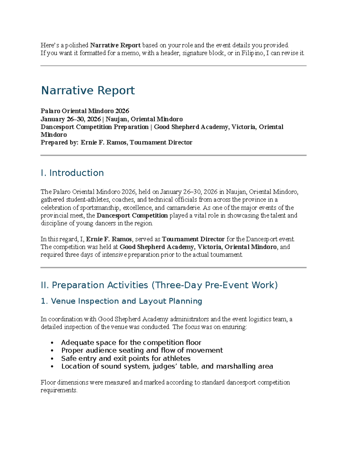 Narrative Report: Dancesport Competition Prep - Palaro OM 2026 - Studocu
